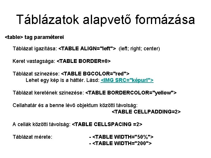 Táblázatok alapvető formázása <table> tag paraméterei Táblázat igazítása: <TABLE ALIGN="left"> (left; right; center) Keret