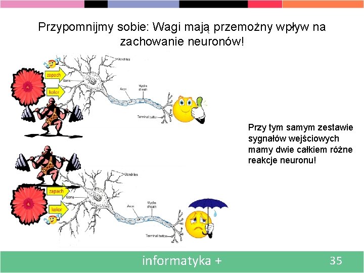 Przypomnijmy sobie: Wagi mają przemożny wpływ na zachowanie neuronów! Przy tym samym zestawie sygnałów