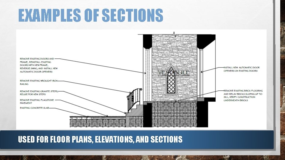 EXAMPLES OF SECTIONS USED FOR FLOOR PLANS, ELEVATIONS, AND SECTIONS EXAMPLES OF SECTIONS USED FOR FLOOR PLANS, ELEVATIONS, AND SECTIONS