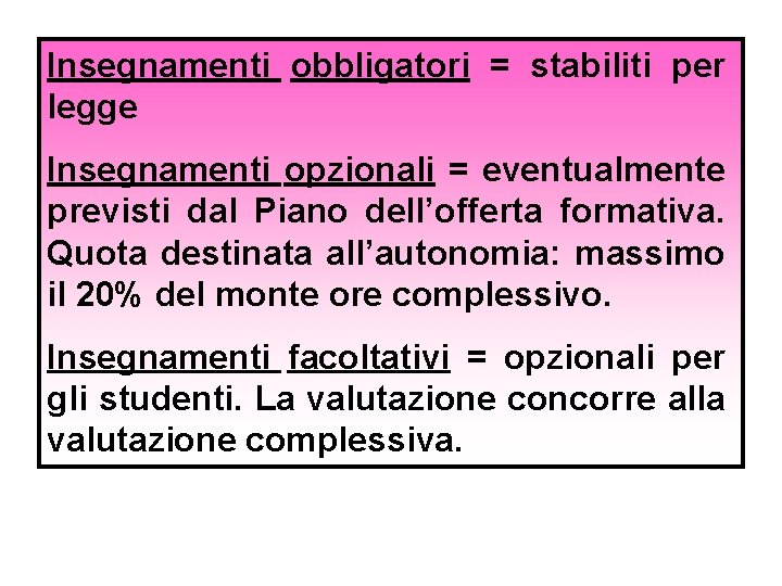 Insegnamenti obbligatori = stabiliti per legge Insegnamenti opzionali = eventualmente previsti dal Piano dell’offerta