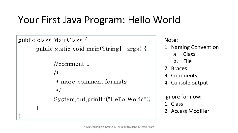 Your First Java Program: Hello World public class Main. Class { public static void