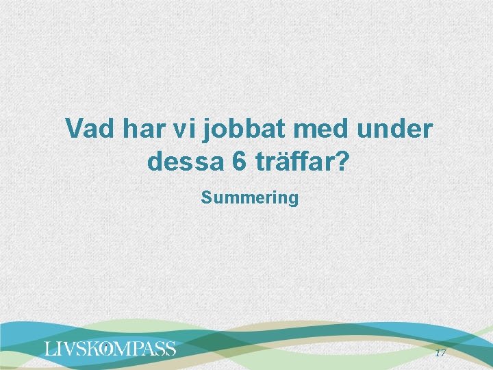 Vad har vi jobbat med under dessa 6 träffar? Summering 17 