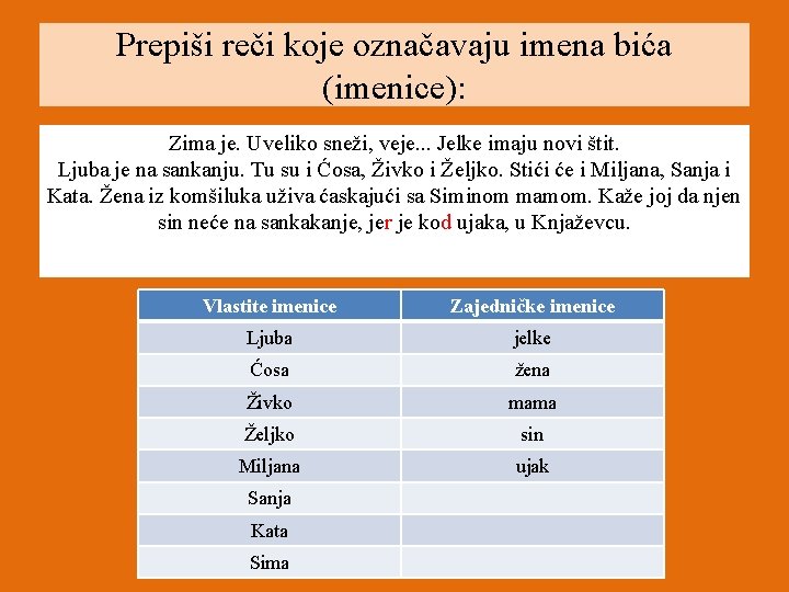 Prepiši reči koje označavaju imena bića (imenice): Zima je. Uveliko sneži, veje. . .