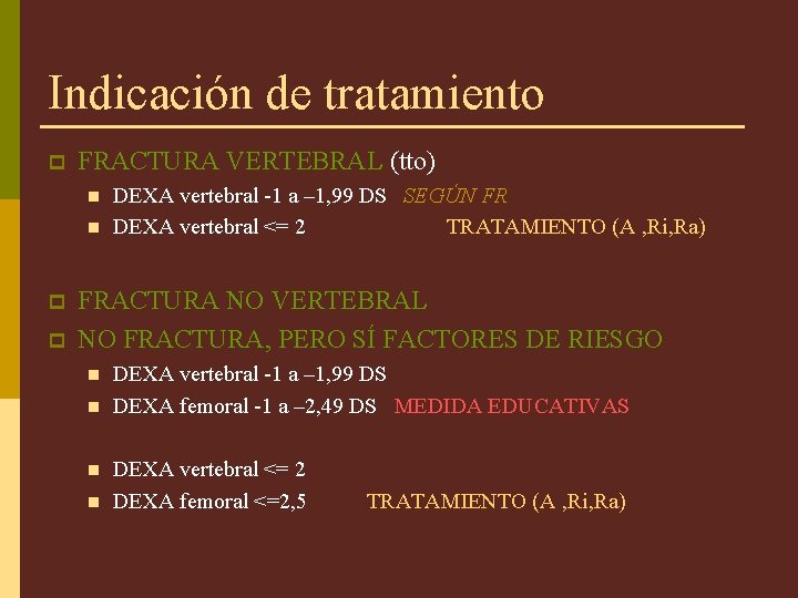 Indicación de tratamiento p FRACTURA VERTEBRAL (tto) n n p p DEXA vertebral -1