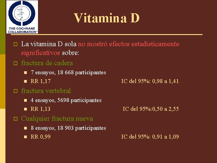 Vitamina D p p La vitamina D sola no mostró efectos estadísticamente significativos sobre: