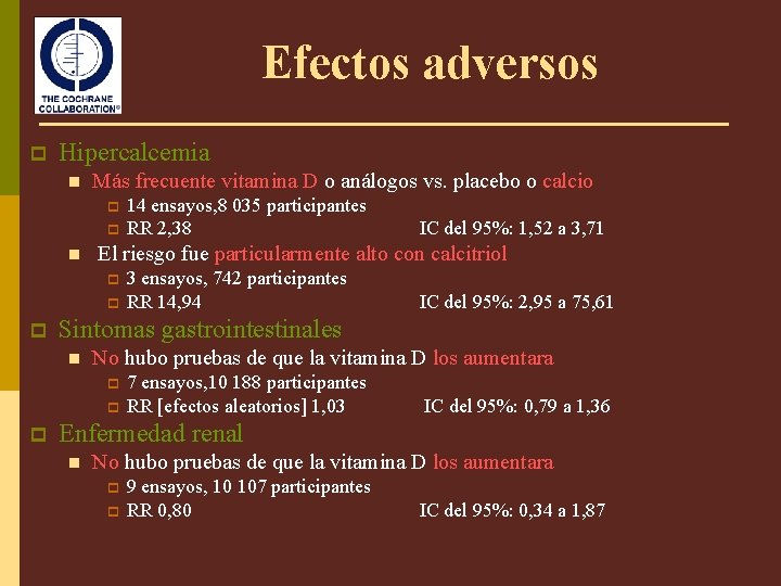 Efectos adversos p Hipercalcemia n Más frecuente vitamina D o análogos vs. placebo o