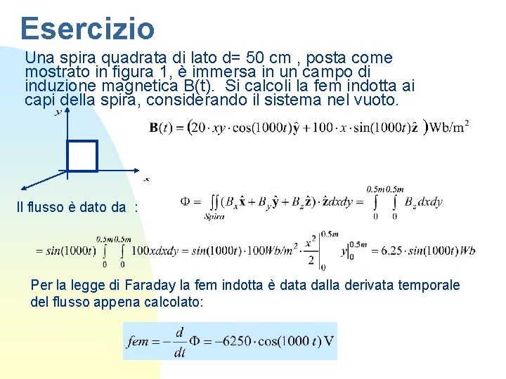 Esercizio Una spira quadrata di lato d= 50 cm , posta come mostrato in