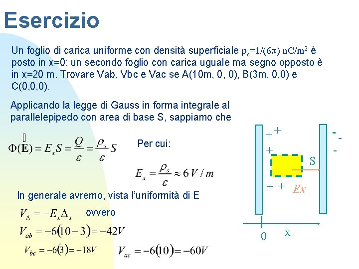 Esercizio Un foglio di carica uniforme con densità superficiale rs=1/(6 p) n. C/m 2