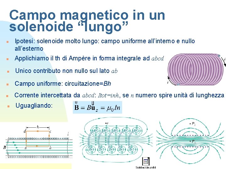 Campo magnetico in un solenoide “lungo” n Ipotesi: solenoide molto lungo: campo uniforme all’interno