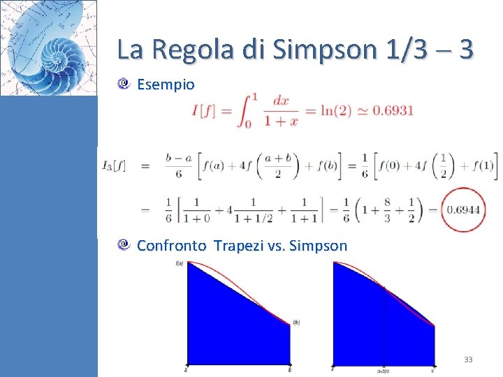 La Regola di Simpson 1/3 3 Esempio Confronto Trapezi vs. Simpson 33 