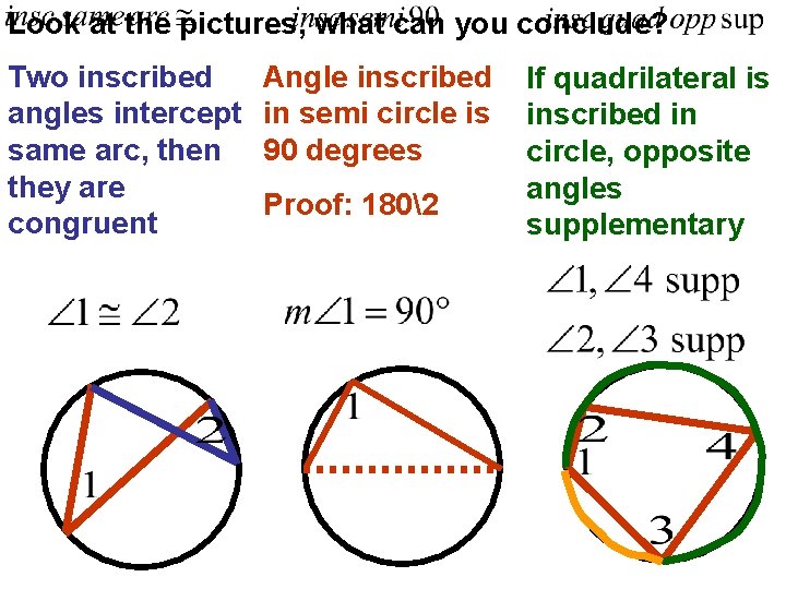 Look at the pictures, what can you conclude? Two inscribed angles intercept same arc,