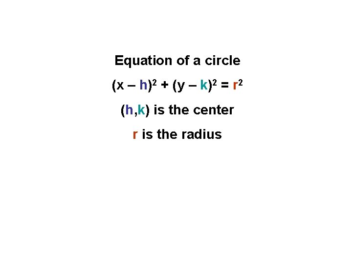 Equation of a circle (x – h)2 + (y – k)2 = r 2