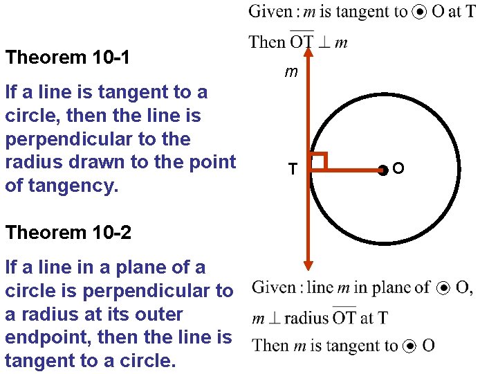 Theorem 10 -1 If a line is tangent to a circle, then the line