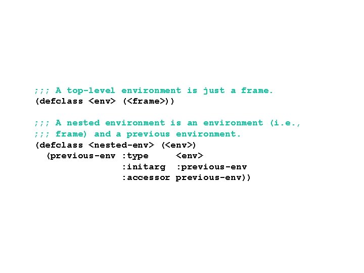 ; ; ; A top-level environment is just a frame. (defclass <env> (<frame>)) ;