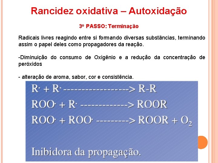 Rancidez oxidativa – Autoxidação 3 o PASSO: Terminação Radicais livres reagindo entre si formando