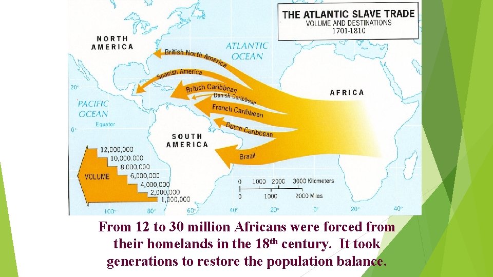 From 12 to 30 million Africans were forced from their homelands in the 18