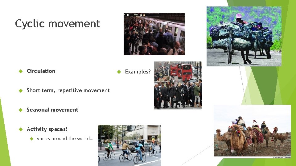 Cyclic movement Circulation Short term, repetitive movement Seasonal movement Activity spaces! Varies around the