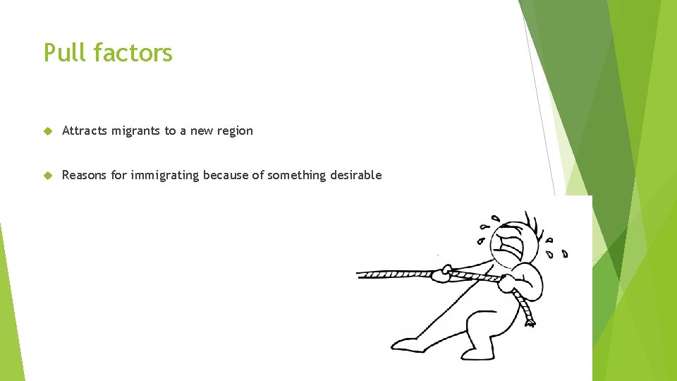 Pull factors Attracts migrants to a new region Reasons for immigrating because of something
