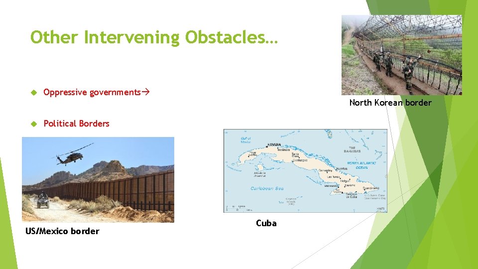 Other Intervening Obstacles… Oppressive governments North Korean border Political Borders US/Mexico border Cuba 