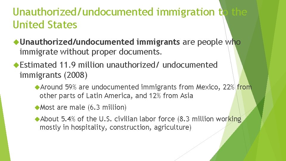 Unauthorized/undocumented immigration to the United States Unauthorized/undocumented immigrants are people who immigrate without proper