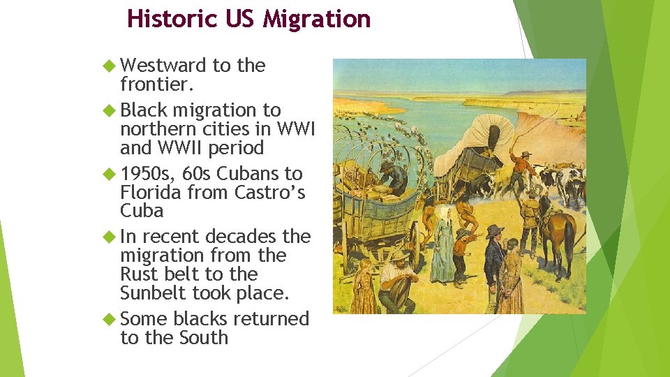 Historic US Migration Westward to the frontier. Black migration to northern cities in WWI