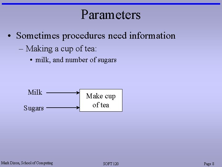 Parameters • Sometimes procedures need information – Making a cup of tea: • milk,