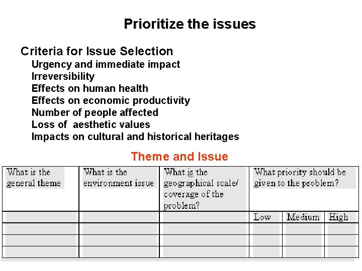 Prioritize the issues Criteria for Issue Selection Urgency and immediate impact Irreversibility Effects on