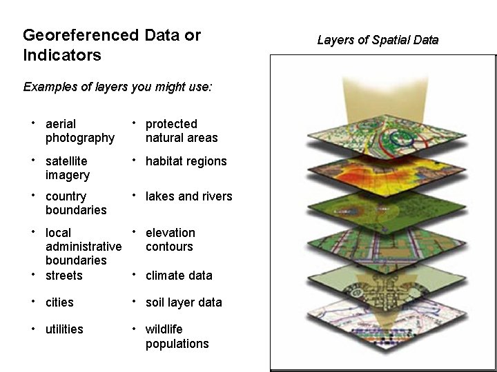 Georeferenced Data or Indicators Examples of layers you might use: • aerial photography •