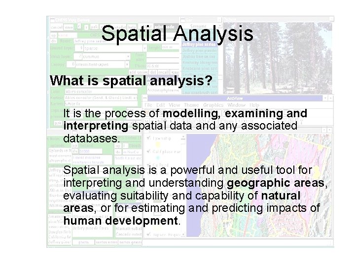 Spatial Analysis What is spatial analysis? It is the process of modelling, examining and