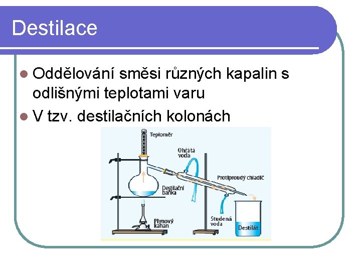 Destilace l Oddělování směsi různých kapalin s odlišnými teplotami varu l V tzv. destilačních