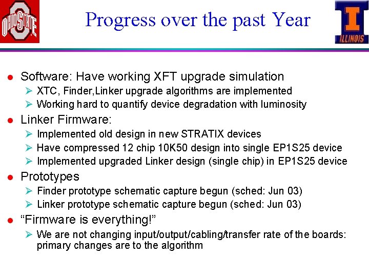 Progress over the past Year l Software: Have working XFT upgrade simulation Ø XTC,