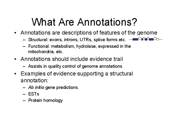 What Are Annotations? • Annotations are descriptions of features of the genome – Structural: