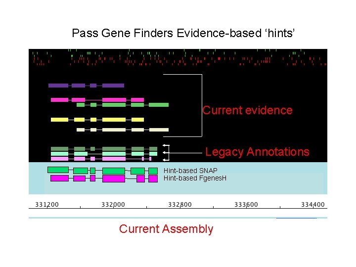 Pass Gene Finders Evidence-based ‘hints’ Current evidence Legacy Annotations Hint-based SNAP Hint-based Fgenes. H