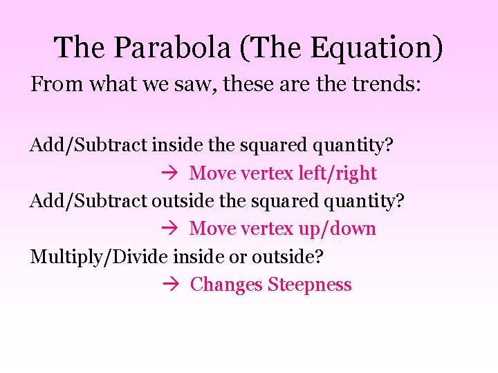 The Parabola (The Equation) From what we saw, these are the trends: Add/Subtract inside