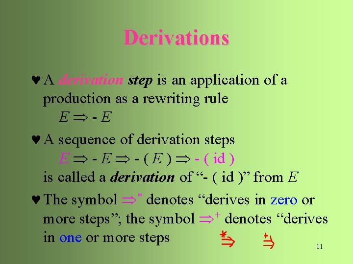 Derivations © A derivation step is an application of a production as a rewriting