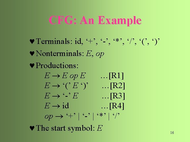 CFG: An Example © Terminals: id, ‘+’, ‘-’, ‘*’, ‘/’, ‘(’, ‘)’ © Nonterminals: