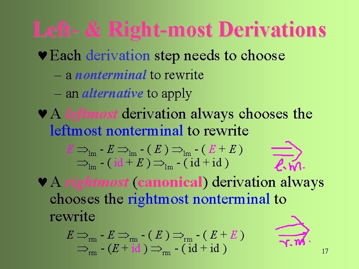Left- & Right-most Derivations © Each derivation step needs to choose – a nonterminal