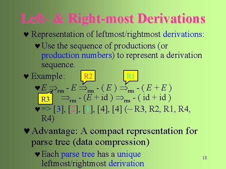 Left- & Right-most Derivations © Representation of leftmost/rightmost derivations: © Use the sequence of