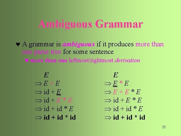 Ambiguous Grammar © A grammar is ambiguous if it produces more than one parse