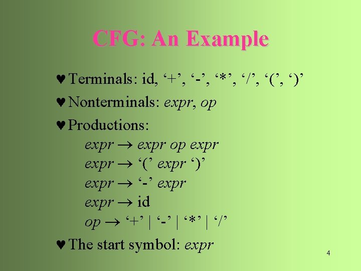CFG: An Example © Terminals: id, ‘+’, ‘-’, ‘*’, ‘/’, ‘(’, ‘)’ © Nonterminals: