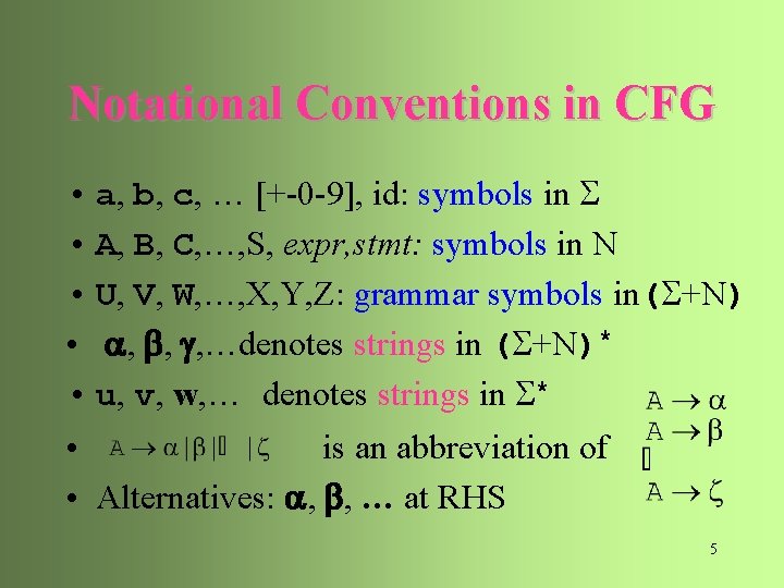 Notational Conventions in CFG • a, b, c, … [+-0 -9], id: symbols in