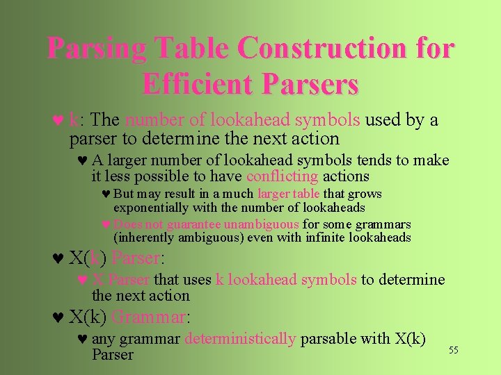 Parsing Table Construction for Efficient Parsers © k: The number of lookahead symbols used