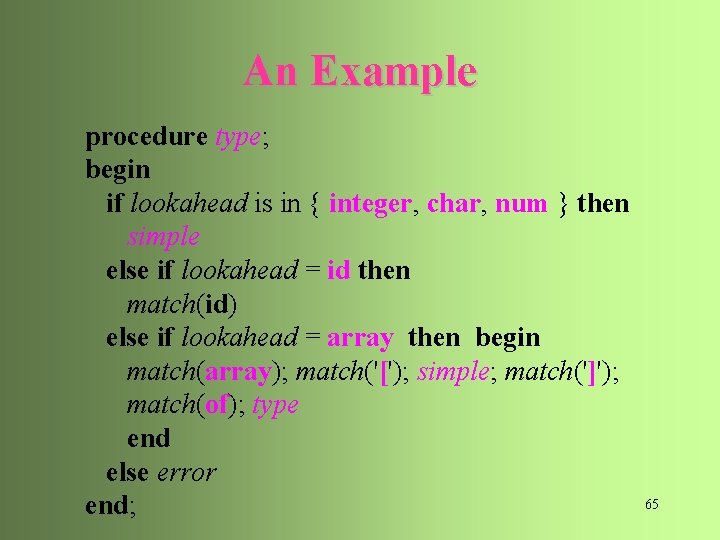 An Example procedure type; begin if lookahead is in { integer, char, num }