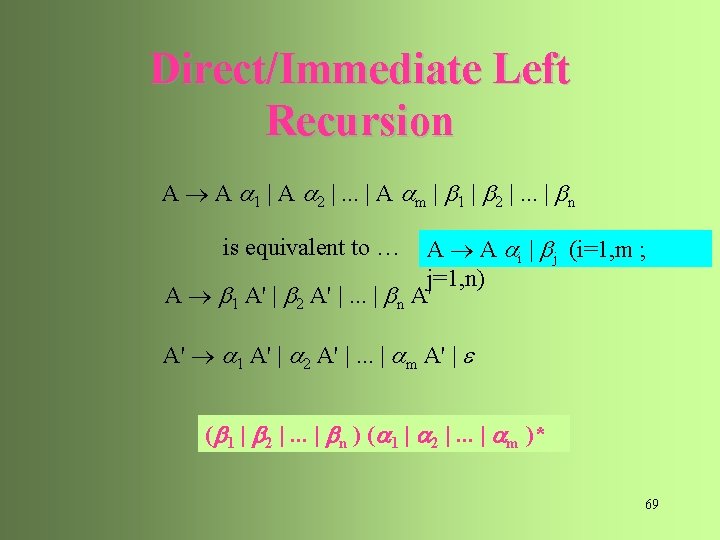 Direct/Immediate Left Recursion A A 1 | A 2 |. . . | A