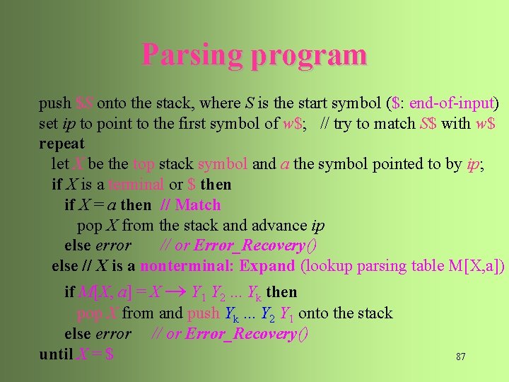 Parsing program push $S onto the stack, where S is the start symbol ($: