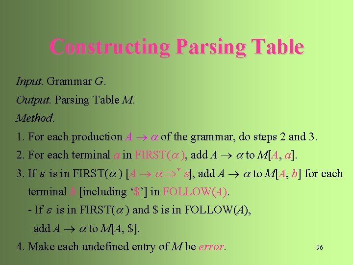 Constructing Parsing Table Input. Grammar G. Output. Parsing Table M. Method. 1. For each