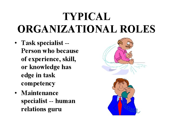 TYPICAL ORGANIZATIONAL ROLES • Task specialist -Person who because of experience, skill, or knowledge