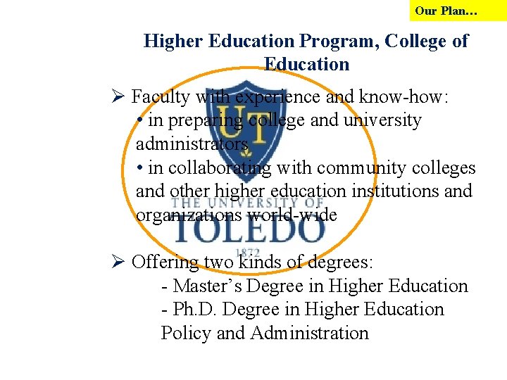Our Plan… Higher Education Program, College of Education Ø Faculty with experience and know-how: