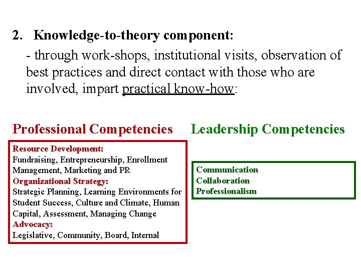 2. Knowledge-to-theory component: - through work-shops, institutional visits, observation of best practices and direct