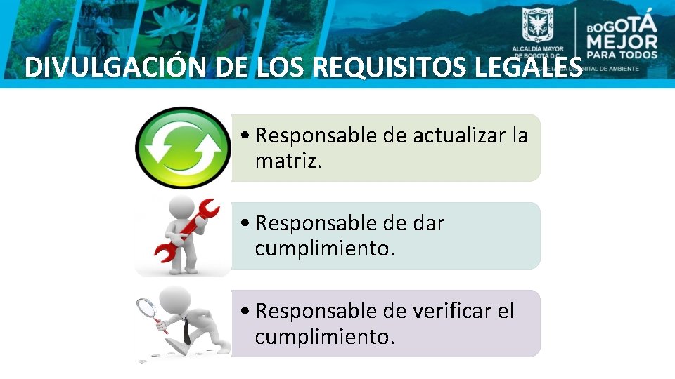 DIVULGACIÓN DE LOS REQUISITOS LEGALES • Responsable de actualizar la matriz. • Responsable de